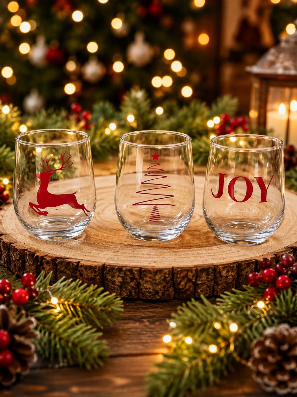 Handmade Christmas Tree Stemless Wine Glass – Holiday Tumbler – Brand New SET 3